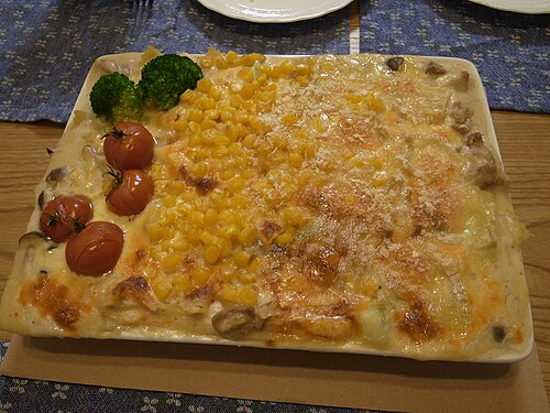 Gratin de pâtes, jambon et brocoli